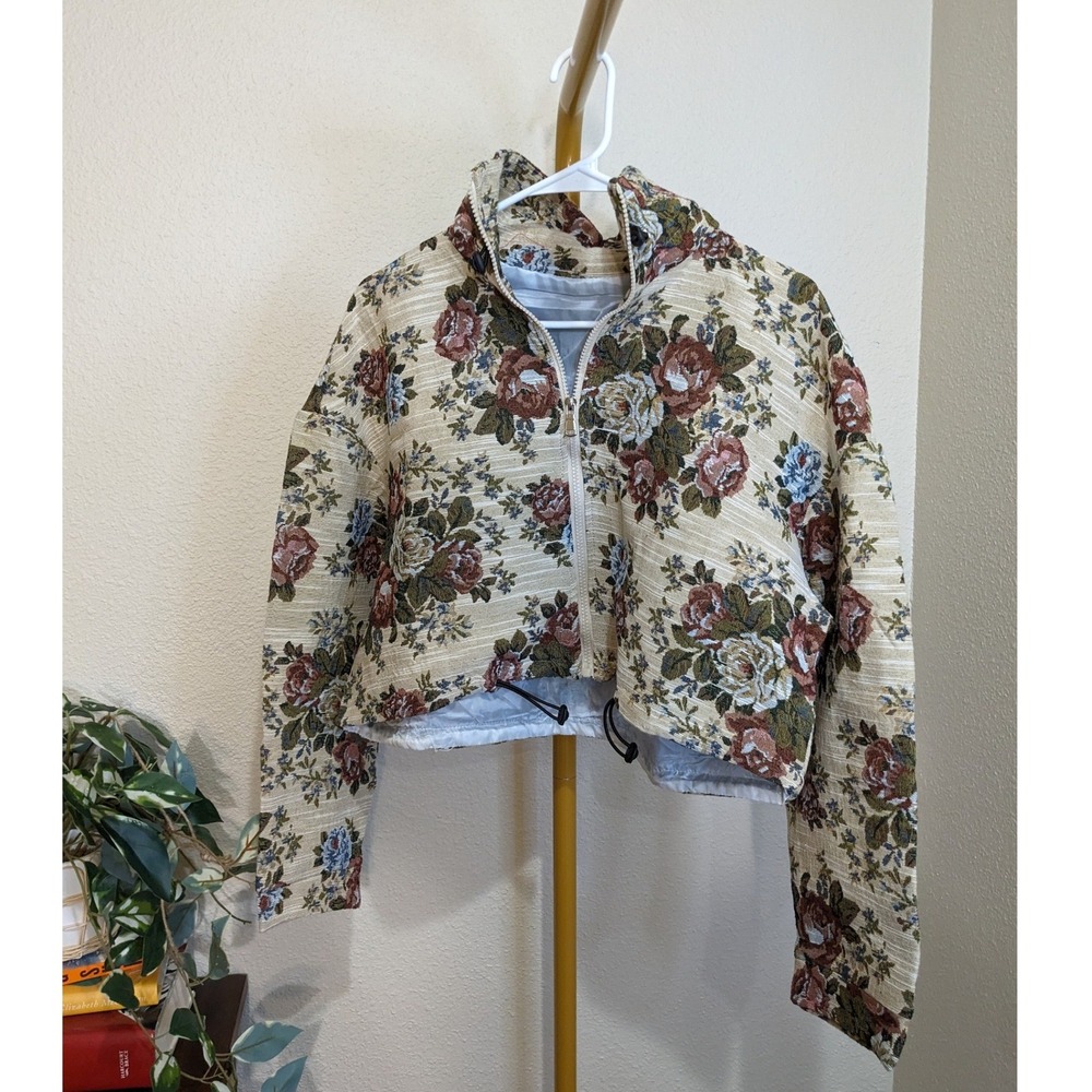 Fall Floral Tapestry Cropped Zip Up Jacket Woven Floral Print
